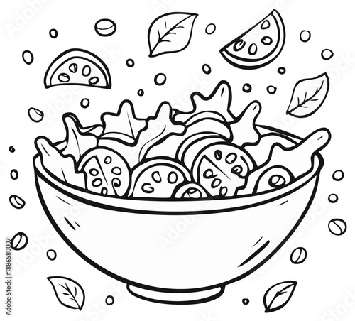 Hand-drawn black and white illustration of a fresh salad in a bowl with floating ingredients