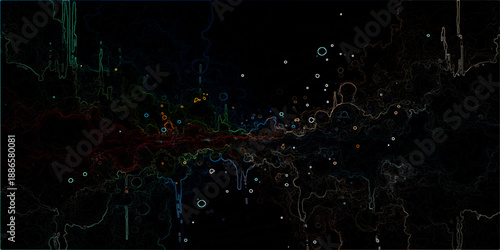 Abstract vector Cosmic Reverie with enigmatic tapestry of celestial bodies and cosmic energy, interwoven with lines and luminous particles, embodies the vastness of the universe. 