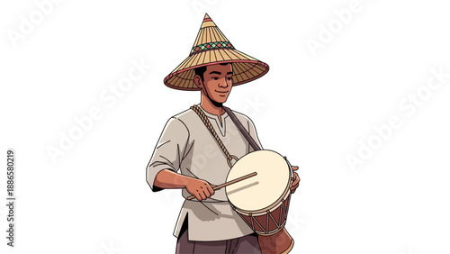 Illustration of a man wearing a traditional hat and playing a drum, standing in isolation