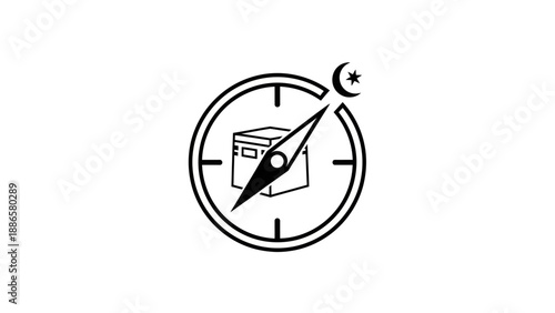 A black and white compass graphic illustration with a map and crescent moon symbol on a simple display