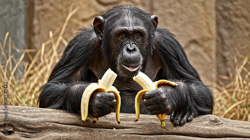 A common chimpanzee stares intensely into the camera while clutching two peeled yellow bananas in its hands over a weathered log, perfect for wildlife education or nature documentary films.
