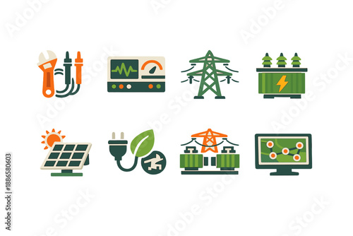 Collection of electrical engineering and energy icons, including solar power and grid infrastructure