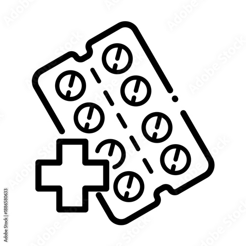 Pills blister with medical cross icon, drug store and pharmacy symbol, vector icon