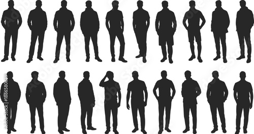 Silhouettes of twenty male figures in varied standing poses and clothing styles, ideal for character modeling, fashion design, and posture reference assets.