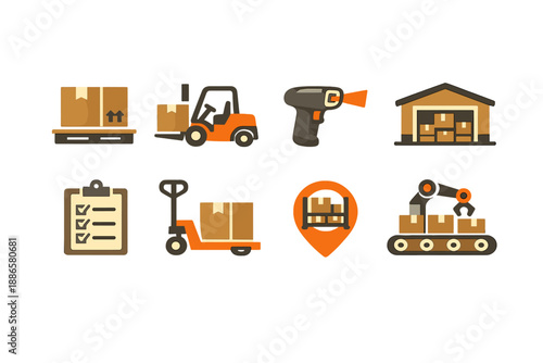 Set of logistics and warehouse icons with forklift, scanner, and conveyor belt