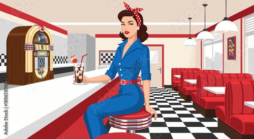 Vibrant retro diner scene vector illustration featuring a stylish woman enjoying a milkshake, evoking nostalgic 1950s American culture and classic design