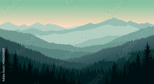 Layered Mountain Landscape Vector Illustration of a Serene Forest Panorama at Dusk, featuring Hazy Peaks and Evergreen Trees, Atmospheric Nature Art