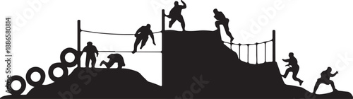 Silhouettes of people climbing and running on an obstacle course