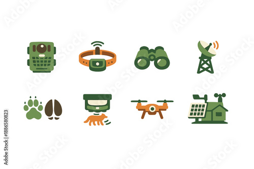 Collection of wildlife monitoring and research equipment icons