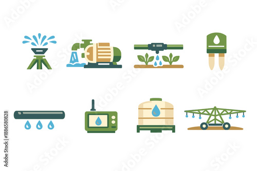 Modern agricultural irrigation systems and equipment icons for smart farming