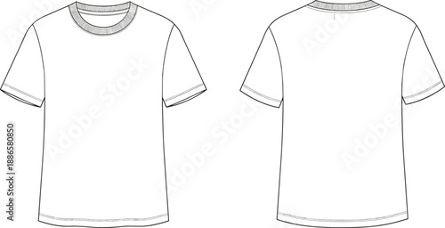 Technical flat sketch of short-sleeve crew neck t-shirt front and back views showing stitching, neckline, and hem details for fashion design and garment production.
