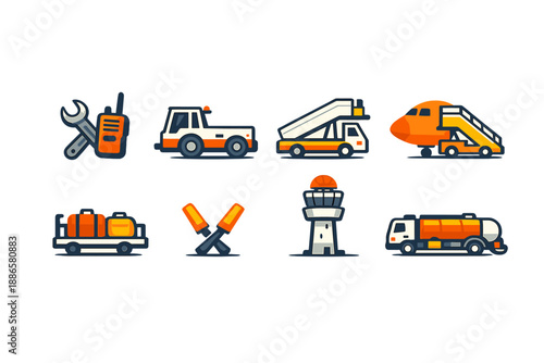Collection of airport service vehicles and equipment icons on a black background