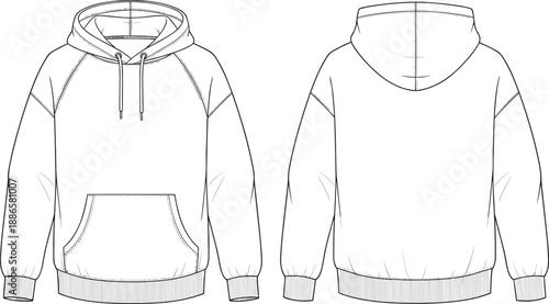 Technical flat sketch of hooded sweatshirt front and back views showing drawstring hood, kangaroo pocket, raglan sleeves, and ribbed hem for fashion design.