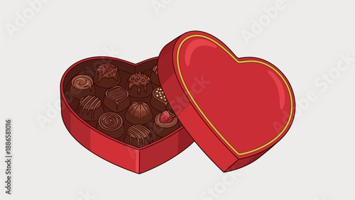 Illustration of a red heart-shaped box filled with chocolates and candies, lid open, viewed from above