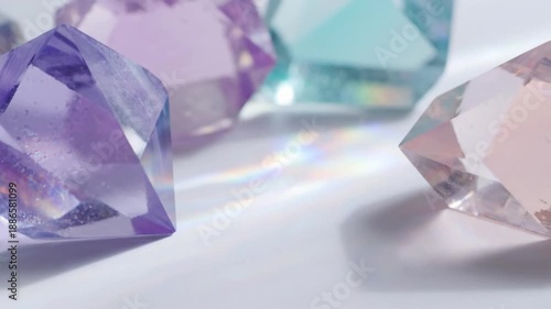 Colorful gemstones in pastel hues with soft focus and rainbow reflections on white surface for luxury jewelry advertising