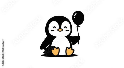 Cartoon penguin holding a black balloon