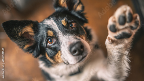 Dog responding to silent hand signal indoors, non-verbal communication concept