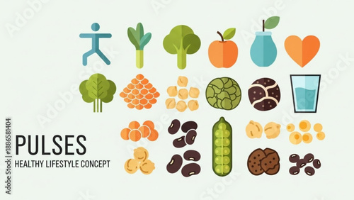 Pulses and vegetables for a healthy lifestyle concept with various food icons