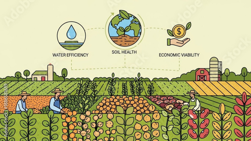 Sustainable farming practices with water efficiency soil health and economic viability in a vibrant agricultural landscape