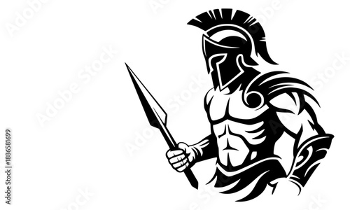 Spartan Warrior Silhouette Vector, Greek Hoplite Soldier with Spear and Corinthian Helmet, Ancient Military Hero Illustration, Roman Gladiator Combat Graphic, Brave Fighter Design on White
