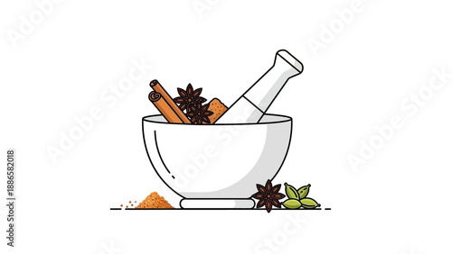 Mortar and pestle with spices and herbs for cooking and aromatherapy