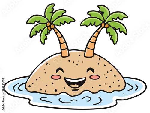 Joyful cartoon island with two palm trees and a smiling face in blue water