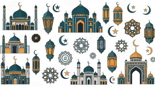 Islamic Culture Icons Mosques, Lanterns, Stars, and Crescents for Ramadan and Eid Celebrations