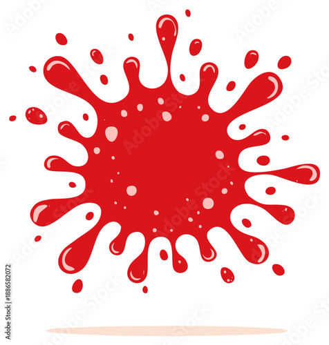 Red paint splash illustration with dripping, splattering effects in cartoon style.