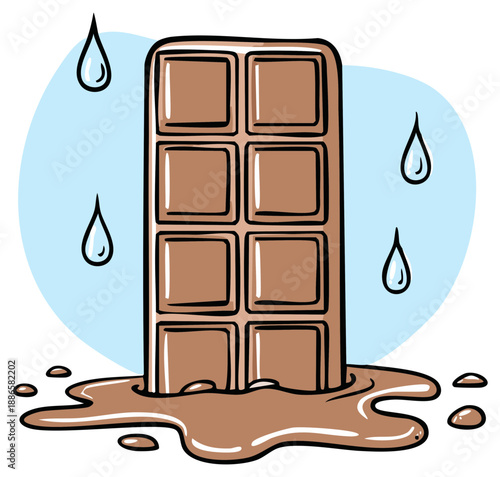 Cartoon chocolate bar melting into a sweet puddle with water drops falling