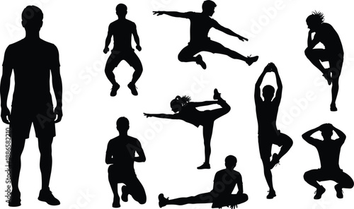 Set of athletic male silhouettes performing various fitness exercises, gym workouts, yoga poses, jumping, and stretching isolated on white background.