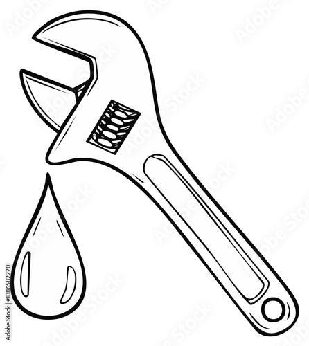 Plumbing service icon with adjustable wrench and water drop line art vector illustration