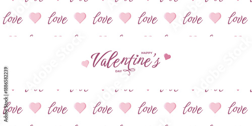 Valentine s Day design with pink hearts and love text pattern, plus central Happy Valentine s Day message