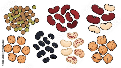 Variety of legumes and nuts including beans peas walnuts cashews and black beans on a white background for healthy eating and nutrition concepts
