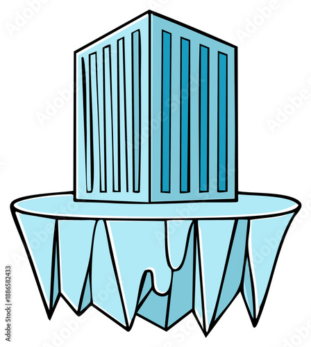Stylized cartoon building perched precariously on a melting ice floe