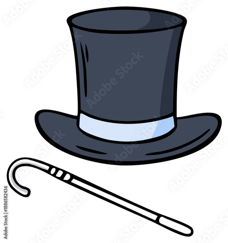 Classic Black Top Hat with Blue Ribbon and Ornate Walking Cane Illustration