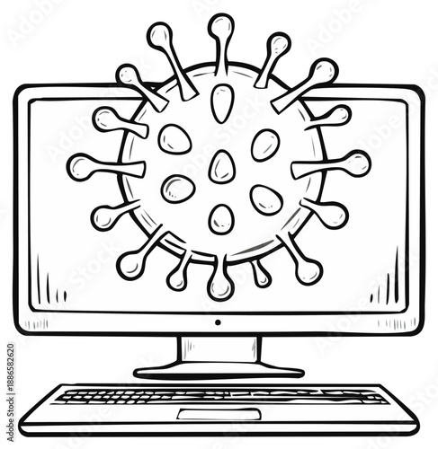 Illustration of a computer monitor displaying a viral cell symbolizing digital threat and infection
