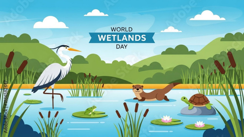 World wetlands day illustration with heron otter turtle in pond with lily pads and cattails