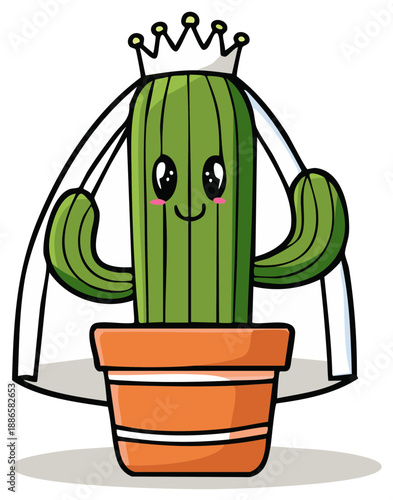 Adorable kawaii cactus character dressed as a bride with a wedding veil and tiara