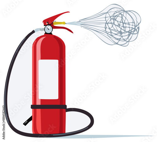 Red fire extinguisher spraying white foam to combat flames with safety concept