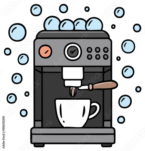 Whimsical doodle of an espresso machine brewing coffee into a mug surrounded by fun bubbles