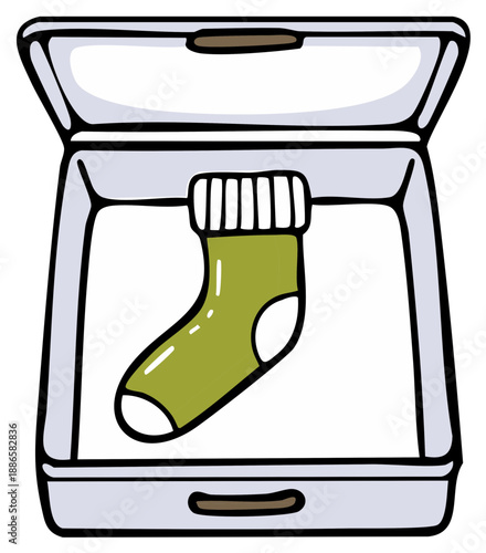 Hand drawn cartoon illustration of a single green sock inside an open scanner bed