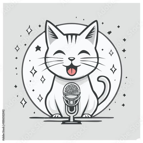 Singing cat with vintage microphone illustration animal character with cartoon style sparkling stars and circle in background happy domestic pet.