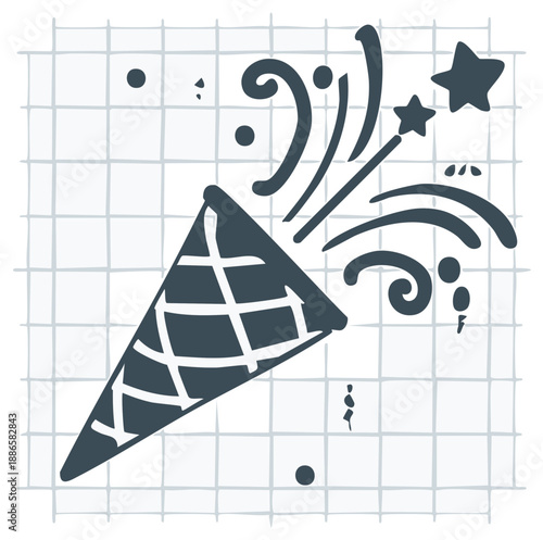 Cartoon drawing of party popper releasing confetti and stars on a gridded background