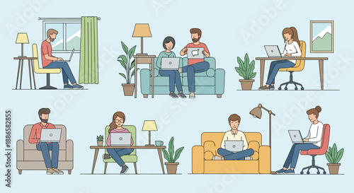 People working remotely from home with laptops.