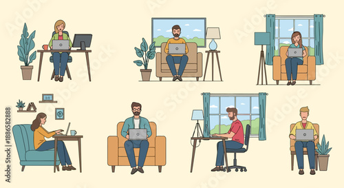 People working remotely from home with laptops.