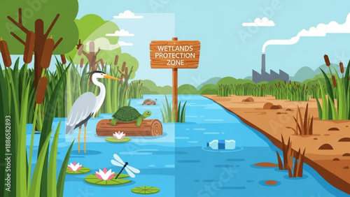 Wetlands protection area with heron pollution and factory in background conservation concept