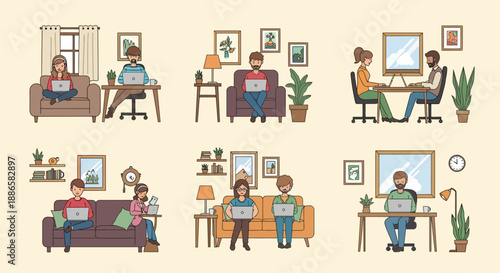 People working remotely from home with laptops.