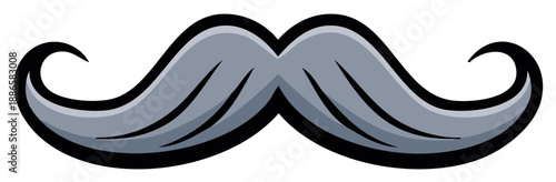 Stylized Gray Handlebar Mustache with Swirling Ends and Dark Outline