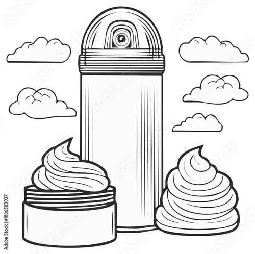 Shaving cream aerosol can and jar with clouds and whipped foam illustrations