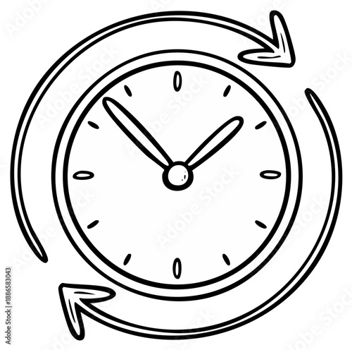 Clock with rotation arrows symbol hand drawn vector indicating time passing or processing, update, cycle, and flow in circular motion